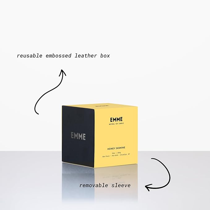 EMME NYC Scented Candle Jar - Black Glass, Soy, Natural, Non-Toxic, Pet-Safe, Up to 60 Hours Burn Time, Wood Wick, Strong Scent, Cruelty-Free, 10 oz - Best Smelling Scented Candles (Honey Jasmine)