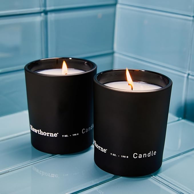 Hawthorne Citrus & Woody Cologne-Scented Candle. Crisp, Clean Citrus with a Grounded Woody Base. Notes of Grapefruit, Eucalyptus, Neroli, and Cedar. Soy Blend Wax, 7 Oz. About 50 Hours of Burn Time.