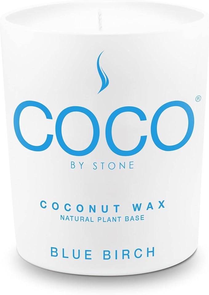 COCO by Stone 11oz Candle, Coconut Apricot Wax Candle for Home (Blue Birch) Home Fragrance Products, 1 Wick Candle, Enhance Indoor Aroma, Vegan & Cruelty-Free, Clean Burning and Hand Poured Candle