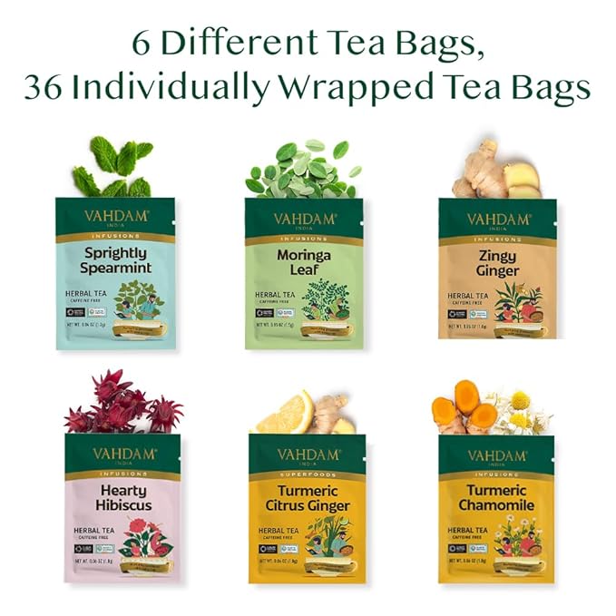 VAHDAM, Assorted Herbal Tea Gift Set (36 Tea Bags, 6 Flavors) Caffeine-Free, Non-GMO | Double Infusion, Individually Enveloped Tea Bags | Herbal Tea variety Pack | Tea Gifts for Women & Men