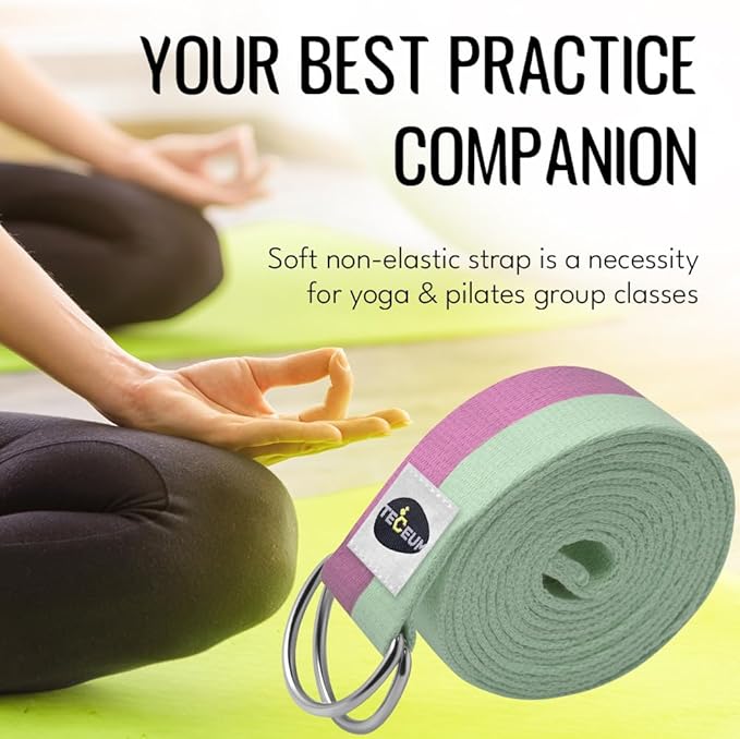 TECEUM Yoga Strap & Mat Strap – 2 IN 1 – Cotton – 6 ft 8 ft 10 ft (30+ colors) – Adjustable Non-Slip Belt for Yoga, Pilates, Stretching, Physical Therapy, Fitness & Home Workout – For Carrying Mats