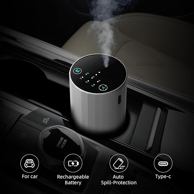 Waterless Essential Oil Diffuser Aromatherapy Scent Diffusers for Home Large Room, Bedroom, Car, Office, Desk, Battery Operated Mini Portable Air Freshener (Silvery)