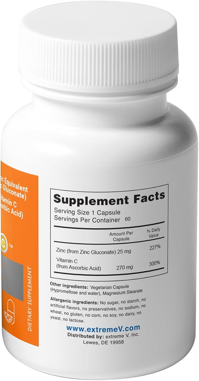 GluzinC Zinc & Vitamin C Supplement | 25 mg Zinc Gluconate + 270 mg Ascorbic Acid | Daily Immune Nutrients | 60 Veg Caps