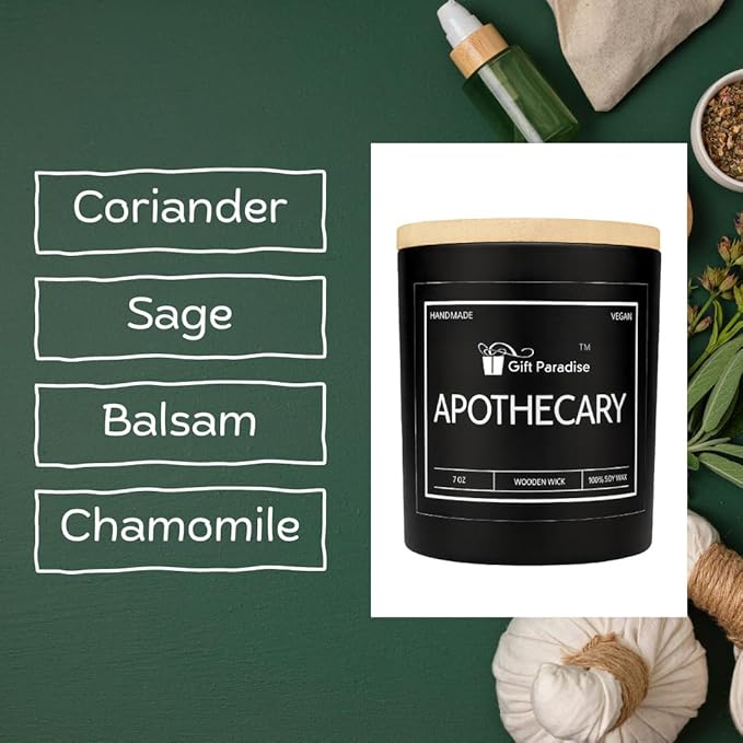 Apothecary Candle by Gift Paradise – 7 oz Soy Wax Candle with Wooden Wick in Premium Wooden Gift Box | Warm Amber, Musk & Herb Blend | Luxury Handmade Candle for Home & Holiday Décor