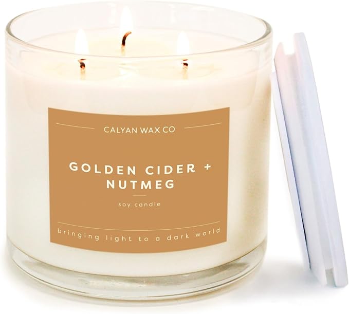 Calyan Wax Co. Golden Cider & Nutmeg 3 Wick Scented Candle - 43 Hour Burn - Luxury 3 Wick Soy Candles - Non Toxic Soy Wax Candles - Long Lasting Large Glass Jar Candle for Home - 14.9oz