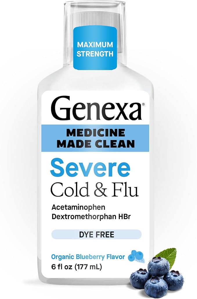 Genexa Clean Cold & Flu Relief, Dye Free, 0% Artificial Additives, Severe Daytime Medicine for Body Pain, Cough, Cold and Flu, Headache, Fever, Chest Congestion, Organic Blueberry Flavor, 6 fl oz