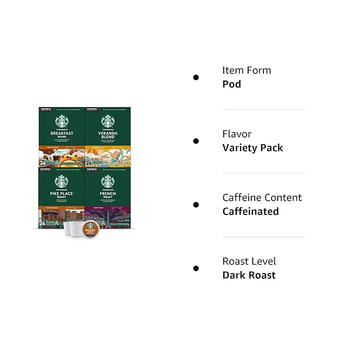 Starbucks K-Cup Coffee Pods, Starbucks Blonde, Medium and Dark Roast Hot or Iced Coffee, Variety Pack, 96 Keurig Pods