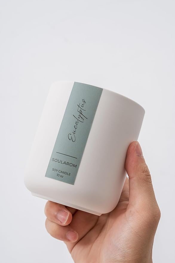 Candles for Home Scented – 10oz Hand Poured Aromatherapy Eucalyptus Candle Soy Wax Candles in Elegant Ceramic Jar – Crackling Wooden Wick Decorative Candle with 60 Hours Burn Time