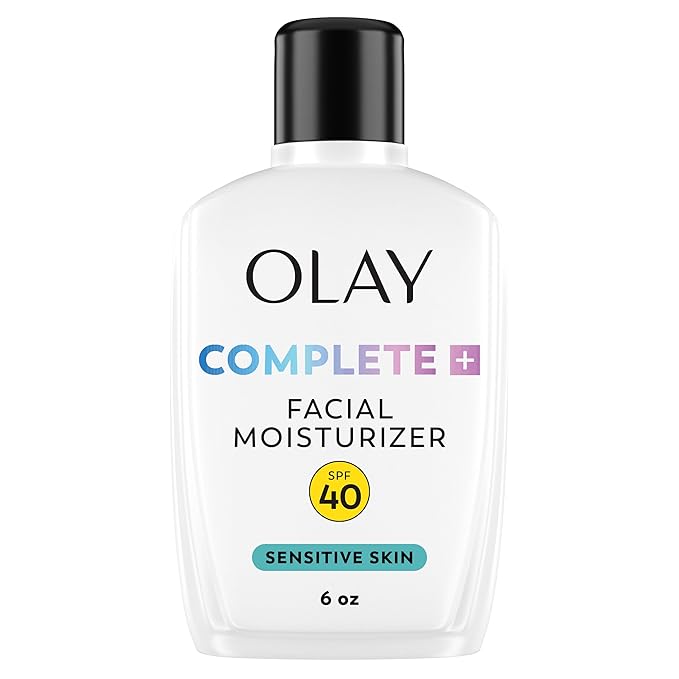 Olay Complete+ Face Moisturizer with Sunscreen SPF 40, For Sensitive Skin, Broad Spectrum Sun Protection, Fragrence-Free - No White Cast on All Tones, Nourishes Moisture Barrier - Ceramides, 6 Oz