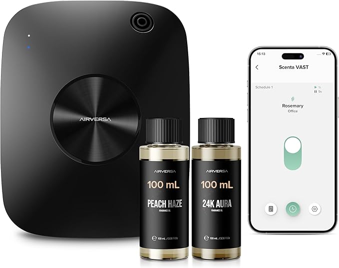 Airversa Smart Waterless Essential Oil Diffuser, 400mL Capacity with 200mL Fragrance Scent Oils, Up to 2000 sq ft Scent Air Machine with 12A1V Power Adapter for Large Room, ANA Black Kit