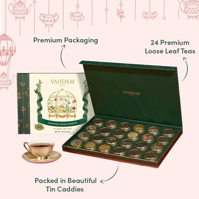 VAHDAM, Luxury Tea Gift Set | 24 Unique Loose Leaf Teas in Tin Caddies - Premium Tea Gift Box |Gluten Free & Non GMO | Gifts for Women, Men & Adults
