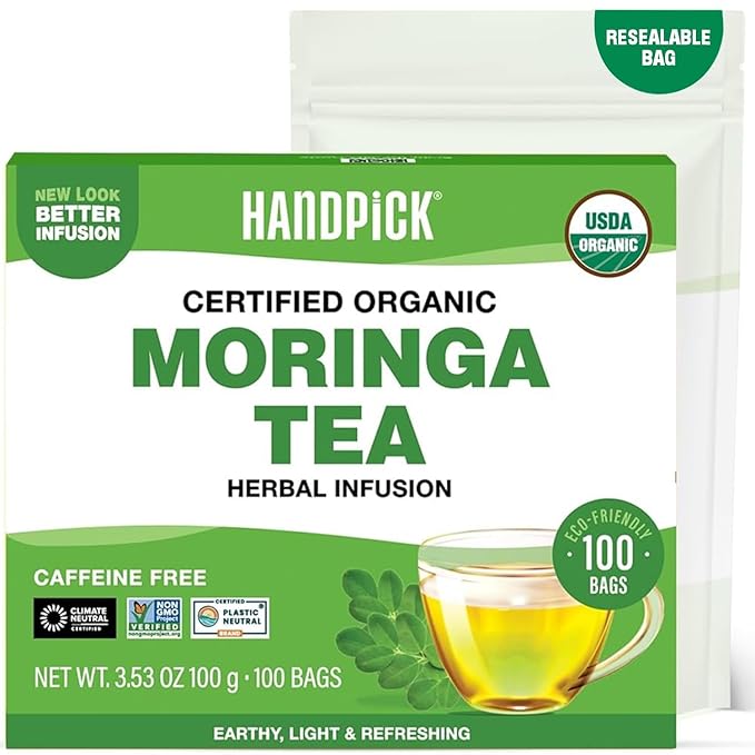 HANDPICK, Organic Moringa Tea Bags (100 Count), Pure Moringa Leaves | Authentic Indian Origin | Caffeine Free, Non GMO | Round Eco-conscious Teabags