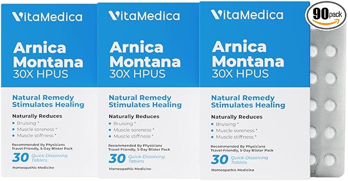 VitaMedica Arnica Montana Blister Pack 30X Tablets for Bruising Pain and Swelling | Plant Based Formula | Recommended by Plastic Surgeons | Natural Recovery Surgery Or Injury | 3 Pack | 45 Servings
