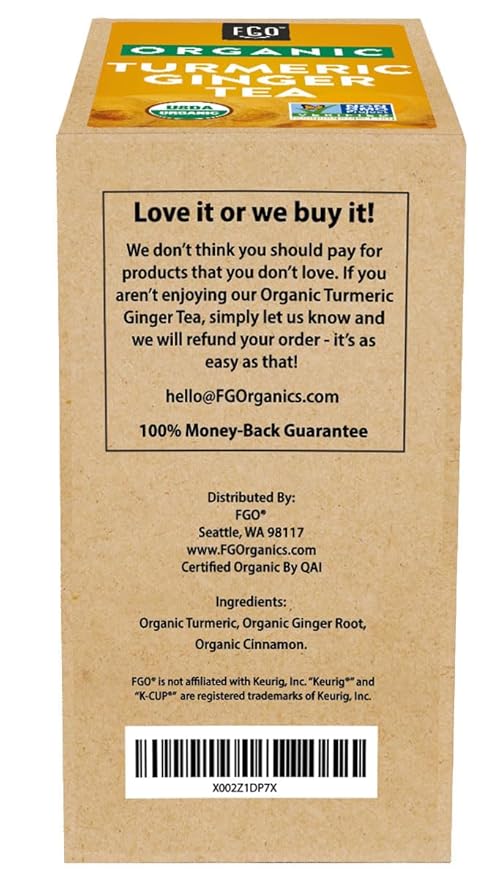 Organic Turmeric Ginger Tea K-Cup Pods, 24 Pods by FGO - Compatible with Keurig - Naturally Caffeine-Free Herbal Tea, Premium Green Tea is USDA Organic, Non-GMO, & Recyclable