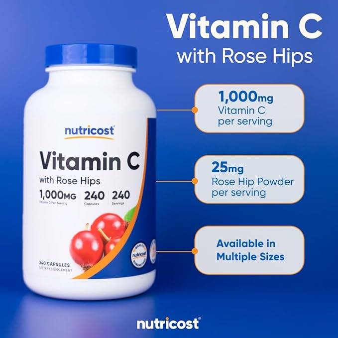 Nutricost Vitamin C with Rose HIPS 1025mg, 240 Capsules - Vitamin C 1,000mg, Rose HIPS 25mg, Premium, Non-GMO, Gluten Free Supplement