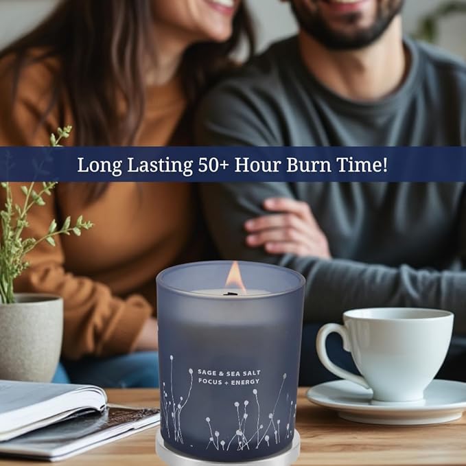 White Sage Sea Salt Wood Wick Soy Scented Candle, 10.6 oz | Sage Candle for Cleansing House | Aromatherapy Energy Cleansing Candle for Home, Meditation, Clean Burning Long Lasting