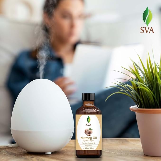 SVA Nutmeg Essential Oil – 4 Fl Oz – 100% Natural Nutmeg Oil - for Diffuser, Hair Care, Face, Skin Care, Aromatherapy, Scalp and Body Massage, Soap and Candle Making – with Dropper
