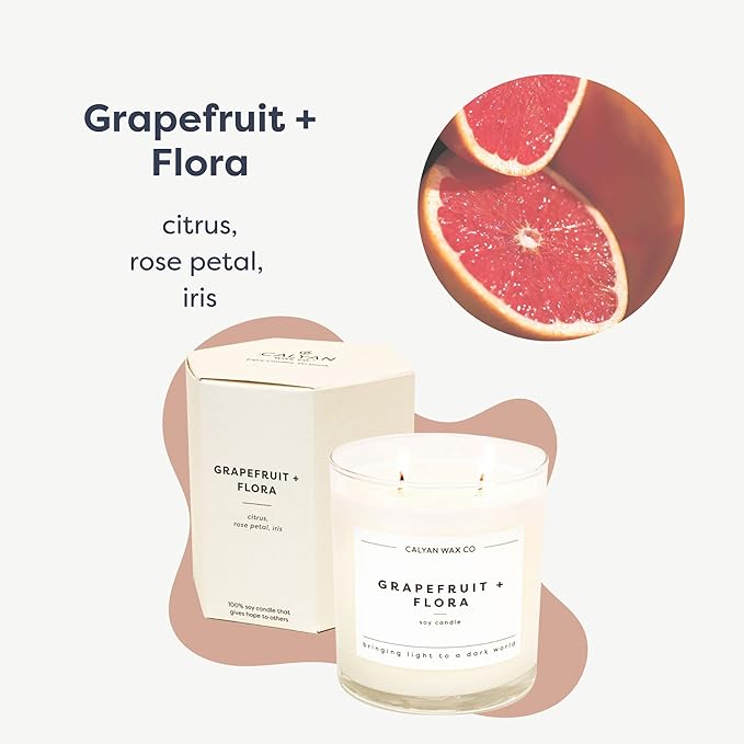 Calyan Wax Co. Grapefruit & Flora 2 Wick Scented Candle - 37 Hour Burn - Luxury Non Toxic Soy Wax Candles - Long Lasting Large Glass Jar Candle for Home - 8.8oz