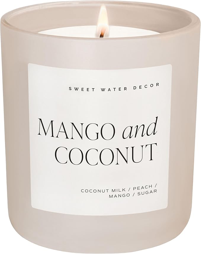 Sweet Water Decor Mango and Coconut Soy Candles - Coconut, Peach, Mango, Sugar, and Pineapple Scented Candles & Home Decor – Summer Scent - 15oz Tan Matte Jar, 70 Hour Burn Time, Made in The USA