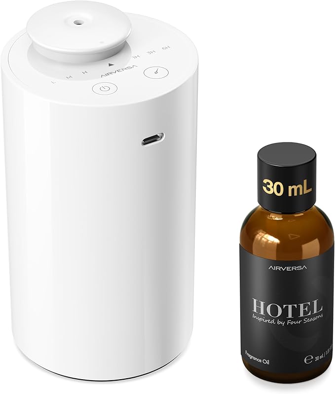 Waterless Essential Oil Diffuser Starter Kit with 30mL Hotel Fragrance Oil Inspired by Four Season, Battery Operated Car Diffuser, Portable Aroma Nebulizer for Home Car Office, AN6Kit-2, White