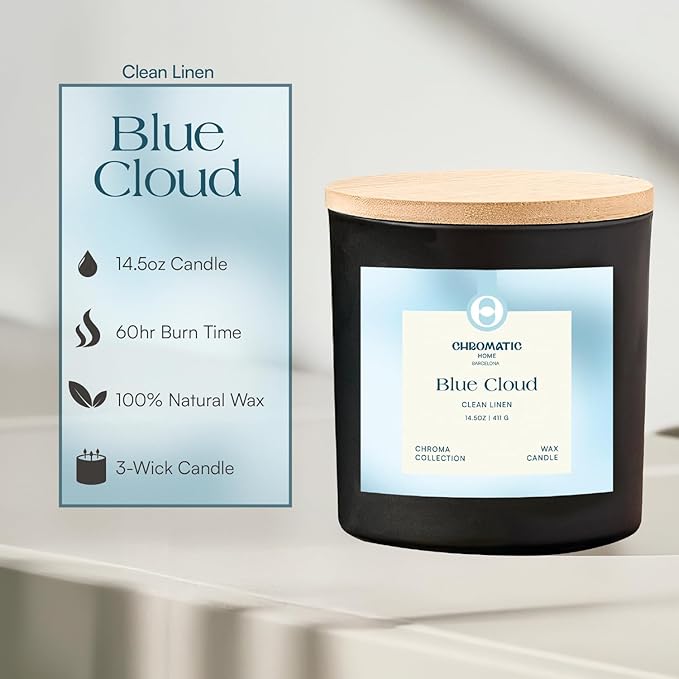 Fresh Linen Scented Candle for Women, Blue Cloud 3-Wick Candle for Home Scented with Fresh Linen, 14.5 oz Coconut Soy Wax Candle with 60 Hour Burn Time