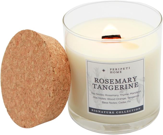 PERIPETI Home Rosemary + Tangerine Scented Candle - Wooden Wick, 8.5oz Natural Soy Wax for Energizing Aromatherapy - Long-Lasting Citrus & Herbal Fragrance for Home or Spa