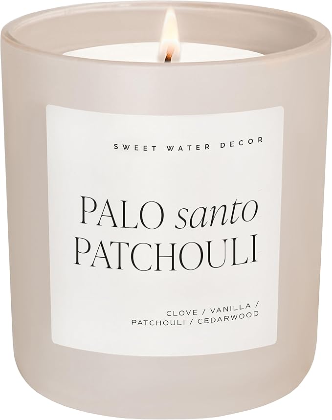 Sweet Water Decor Palo Santo Patchouli Candle - Soy Clove, Vanilla, Patchouli, Cedarwood Scented Spa Candle for Home - 15oz Tan Matte Jar, 70+ Hour Burn Time, Made in The USA