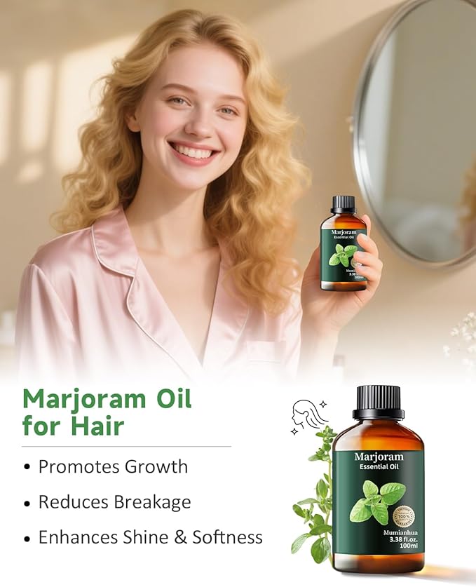 Marjoram Essential Oil, Pure Marjoram Oil Mumianhua Natural Herbaceous Oil for Bedroom, Natural Shield, Aromatherapy for Evening Ease, Outdoor Protection, Diffuser, Massage & Skin Care, 3.38 Fl Oz