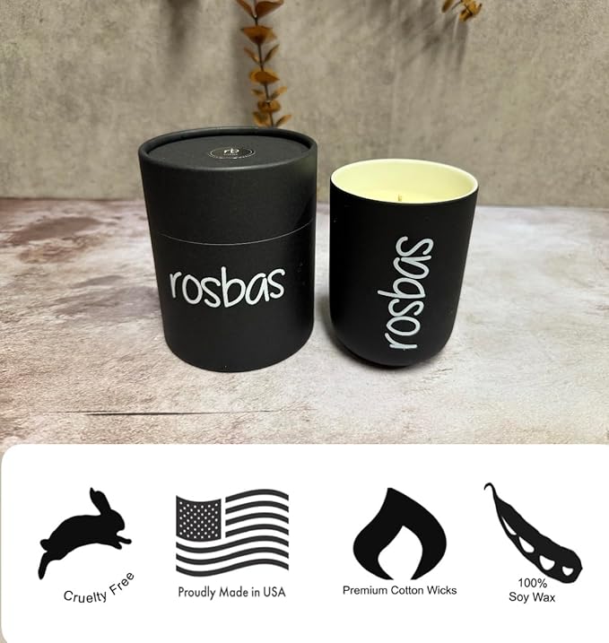 Rosbas Candle, Lavender Scented, Natural Soy Wax, Black Ceramic Jar, 8 oz, Cotton Wick, Gift Box, Long Burn Time, Home, Non-Toxic, Handmade in The USA