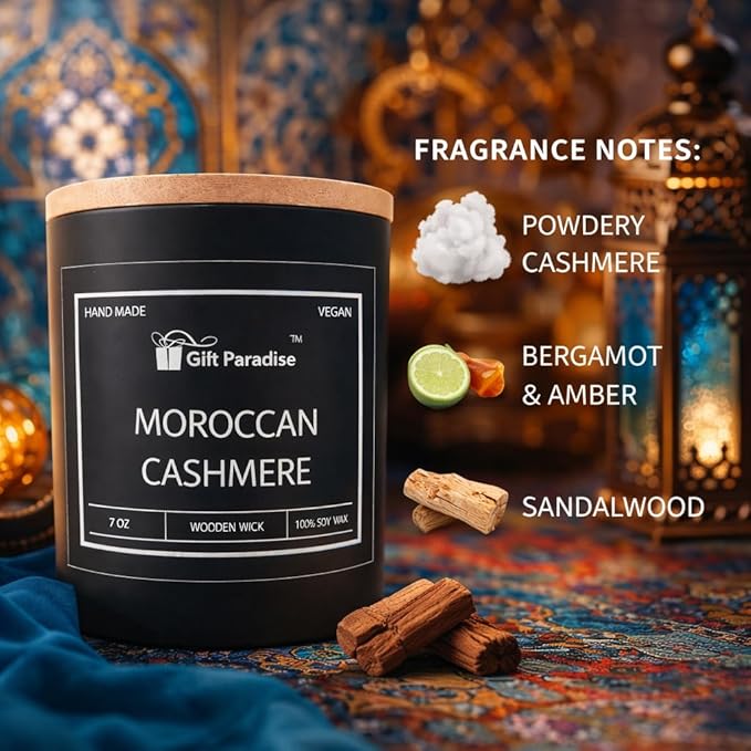Gift Paradise® Moroccan Cashmere Scented Candle – 7 oz Premium Soy Wax Candle with Wooden Wick & Wooden Gift Box, Cozy Amber Cashmere & Soft Musk Aroma – Handcrafted Luxury Candle for Relaxation