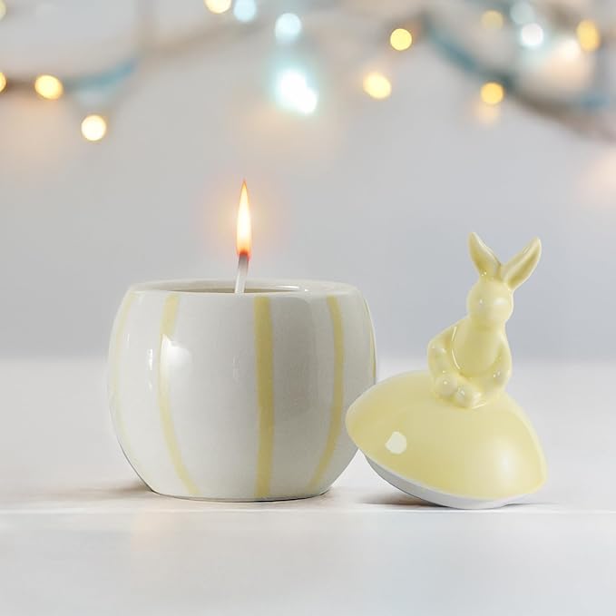Easter Bunny Candle with Egg Jar and Lid, Easter Decorations Cute Rabbit Aromatherapy, Ceramic Egg Candles for Spring Home Decor, Long Buring Scented Soy Candle Gift for Friends, Yellow