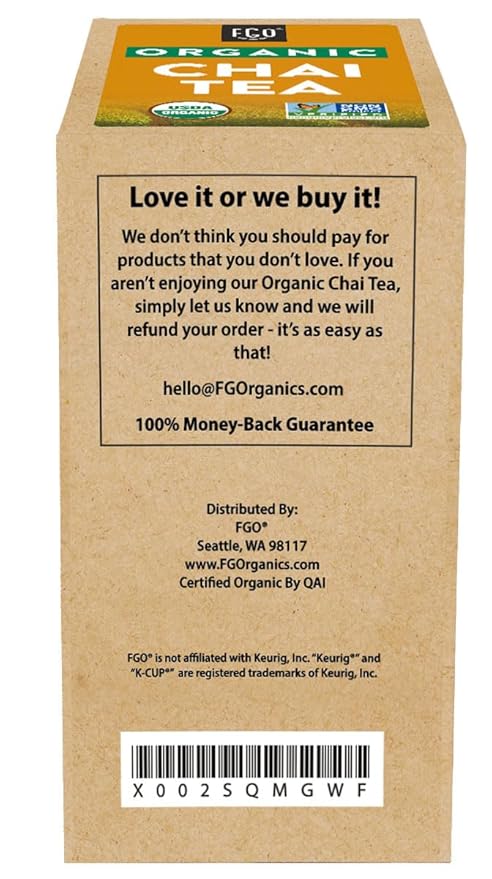 FGO Organic Chai Black Tea K-Cup Pods for Keurig, 24 Count (Pack of 1), Premium Black Tea with Chai Spice is USDA Organic, Non-GMO, & Recyclable with Naturally Occurring Caffeine