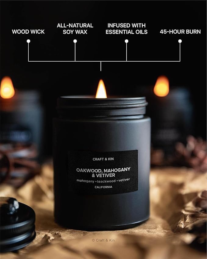 Craft & Kin Premium Oakwood, Mahogany & Vetiver Candle | Black Christmas Scented Candles for Men | Long Lasting with 45 Hour Burn Time, 7.6oz | Soy Holiday Candles | Aromatherapy at Home