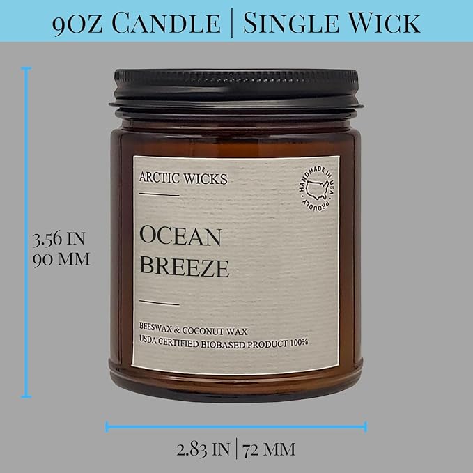 Arctic Wicks Scented Coconut Beeswax Candles | Coconut Beeswax Non Toxic Candle 9oz Amber | Farmhouse Candles Non-Toxic Clean Burn 100% USDA Certified Biobased (Ocean Breeze)