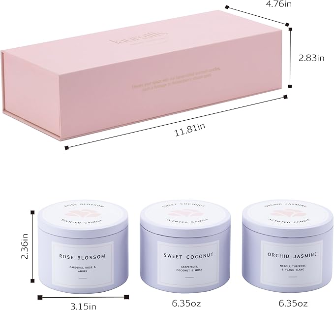 Candle Gift Set for Women – 3 Scented Soy Candles in Pink Gift Box – Orchid & Jasmine, Sweet Coconut, Rose Blossom – Birthday Gifts for Women, Christmas Gifts, Housewarming, Aromatherapy Candles