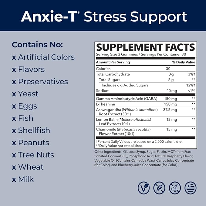 Anxie-T - Stress Relief Gummy - Vitamin Supplement for Mood & Mental Focus Support - Feel Calm and Relaxed - Rapidly Eases Tension - Ashwagandha, GABA & L-Theanine - 90 Gummies