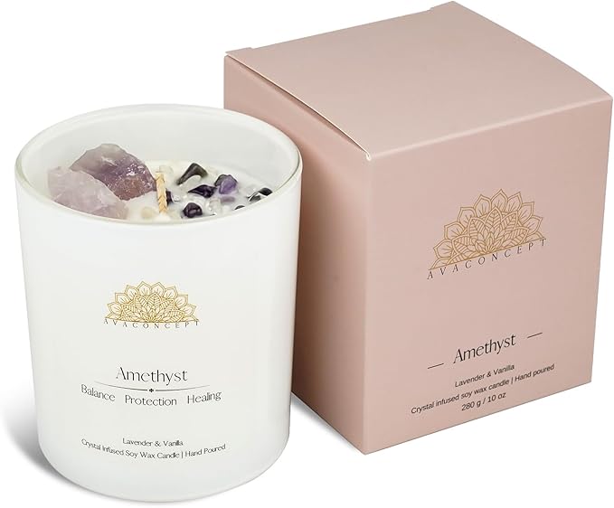Healing Crystal Candle, Scented Candle Infused Amethyst and Clear Quartz Crystals, Lavender & Vanilla Scented,Positivity Energy Wellness, Gift for Women Aromatherapy Clean Vegan 10Oz Jar