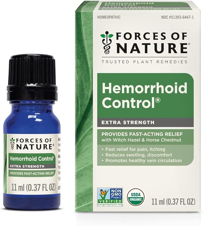 Forces of Nature Hemorrhoid Treatment, Extra Strength 0.37 Fl Oz, Organic Homeopathic Medicine & Essential Oils, Hemorrhoid Relief for Pain, Itching, Swelling, Soreness & Discomfort