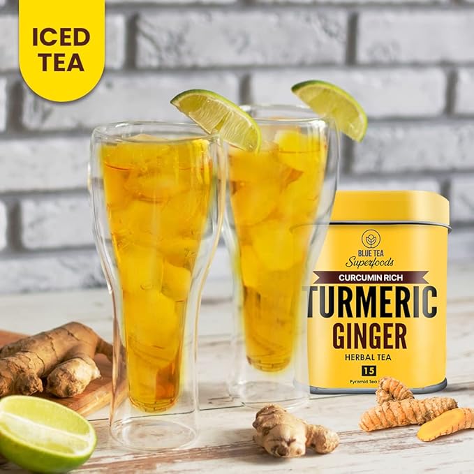 BLUE TEA - Turmeric Ginger Tea - 15 Count - Pyramid Plant Based Tea Bag | CURCUMIN RICH - HERBAL BLEND | Herbal Tea - Caffeine Free - Non-GMO - Vegan - Earthy Flavor - Healthy | Reusable Tin Pack