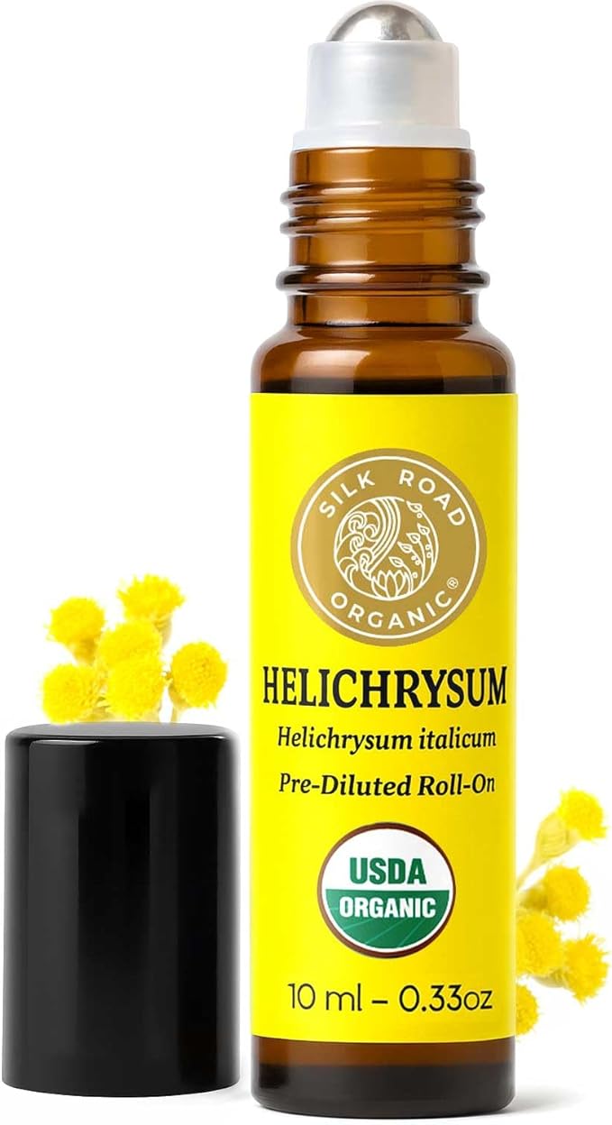 Silk Road Organic Helichrysum Italicum Essential Oil Roll on for Skin Care, Wrinkles, Scars, Bruises - USDA Certified Immortelle Oil 10ml Aromatherapy Roller - Always Pure, Always Organic