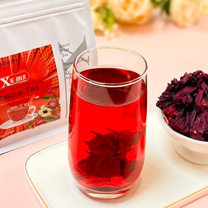 XIEJINJI Hibiscus Tea, Natural Dried Hibiscus Flowers, Herbal Tea, 3.5oz/100g Refreshing Tart Flavor, Caffeine Free, Resealable Bag