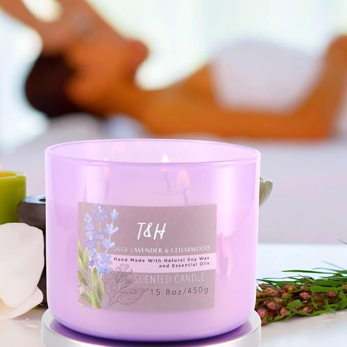 Sage Lavender Cedarwood 3 Wick Scented Soy Candle, 15.8 oz - Aromatherapy Stress Relief Candle - Clean Burning, Long Lasting, Earthy Scented Candle for Home, Men & Women