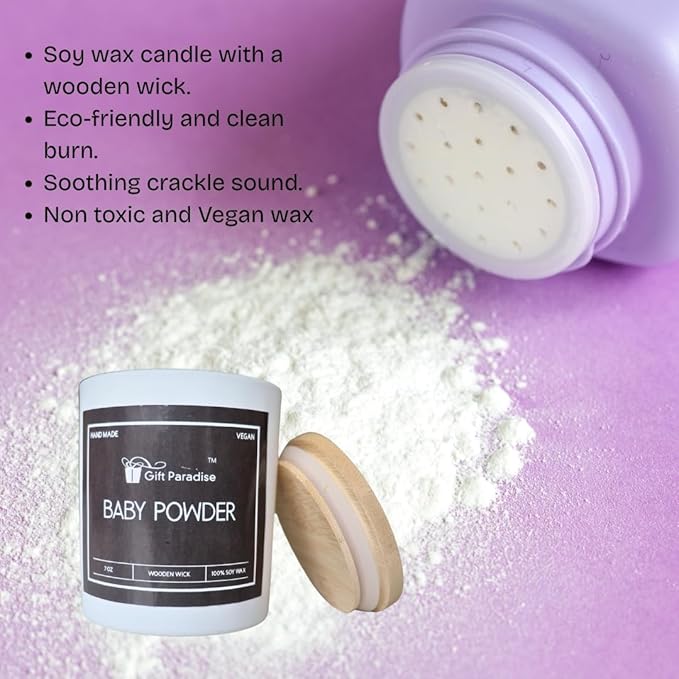 Baby Powder Soy Candle by Gift Paradise – 7 oz Wooden Wick, Nostalgic Fresh Scent, Non-Toxic Clean Burn, Amber Glass Jar, Handmade Gift for Home, Baby Shower, or Relaxation