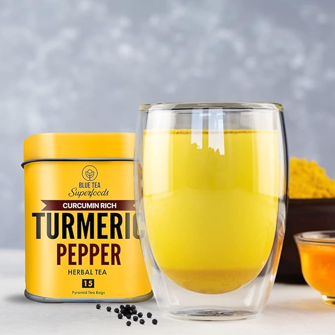 BLUE TEA - Turmeric Tea - Pepper - 15 Count - Pyramid Plant Based Tea Bag | CURCUMIN RICH - HERBAL BLEND | Caffeine Free - Gluten Free - Herbal Tea - Earthy Flavor - Healthy | Tin Pack