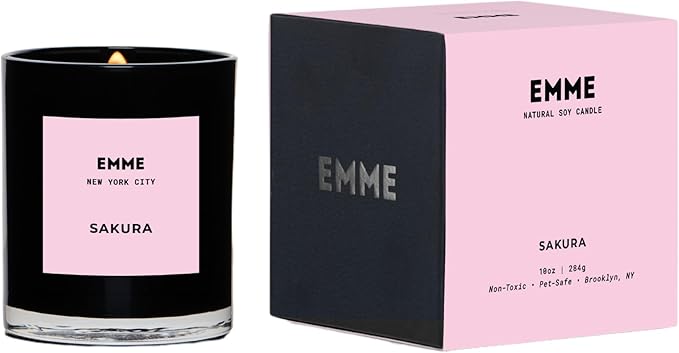 EMME NYC Scented Candle Jar - Black Glass, Soy, Natural, Non-Toxic, Pet-Safe, Up to 60 Hours Burn Time, Wood Wick, Strong Scent, Cruelty-Free, 10 oz - Sakura