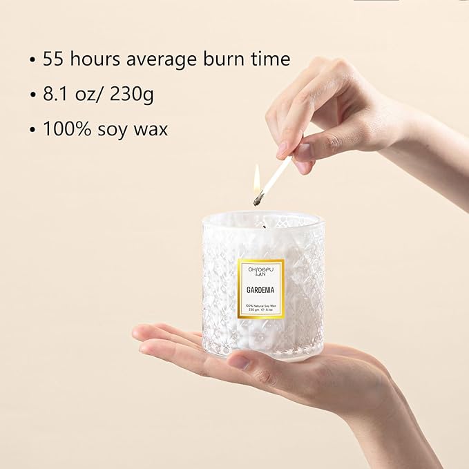 Chloefu LAN Gardenia Scented Candles for Home, Natural Soy Candle Gifts for Home Decor, Birthday Candless Gift for Women, Holiday Gifts, 8.1oz 55 Hours Burn