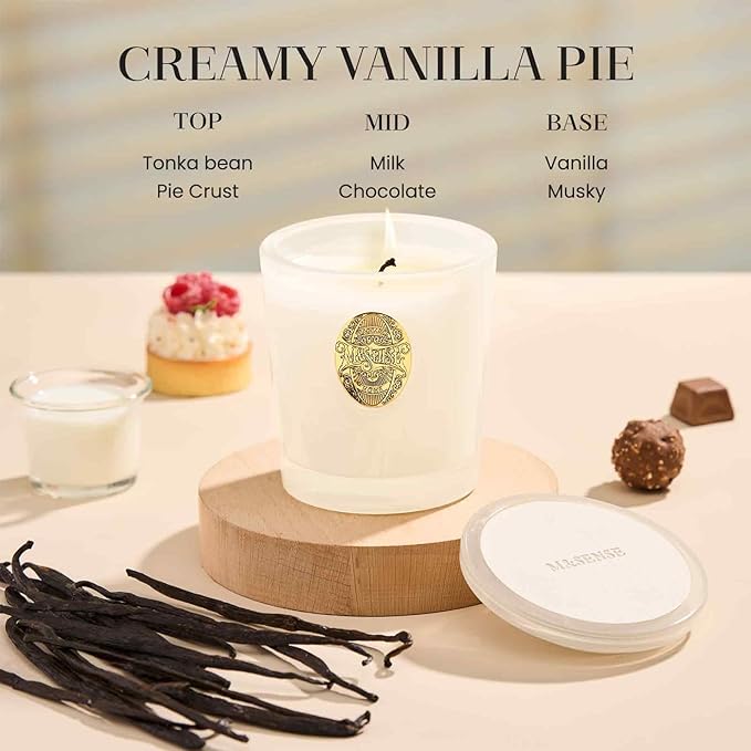 M&SENSE Natural Soy Candle | Creamy Vanilla Pie & White | 9.2 oz, 50H Burn Time | Luxury Scented Candle for Relaxation, Gifting, Home Décor | Ideal for Bedroom, Office, Party Ambiance