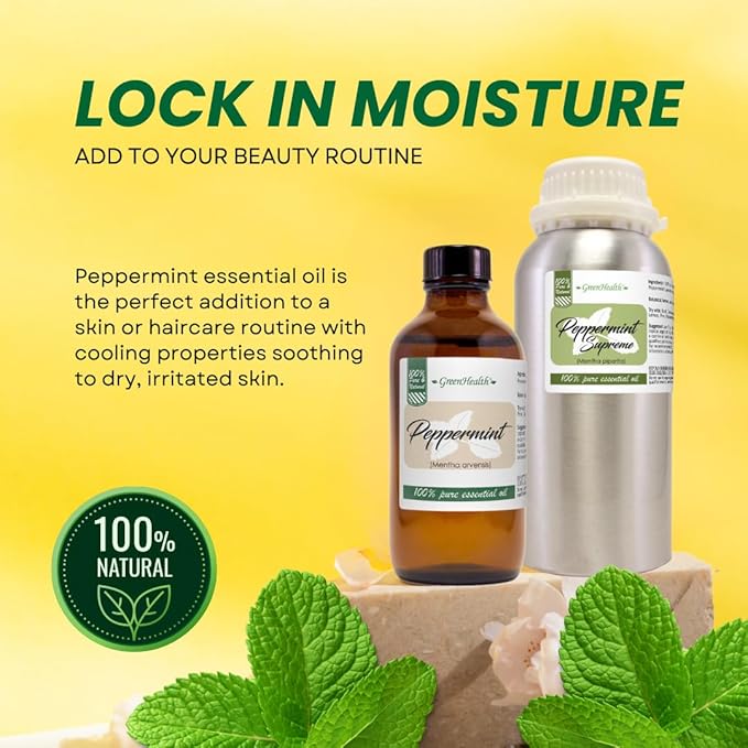 Peppermint Essential Oil – 100% Pure Mentha Piperita – GreenHealth – 8 fl oz (237 ml) Aluminum Bottle with Plug Cap – Aromatherapy, Diffusers, DIY, Candles, Fresh Home Scent