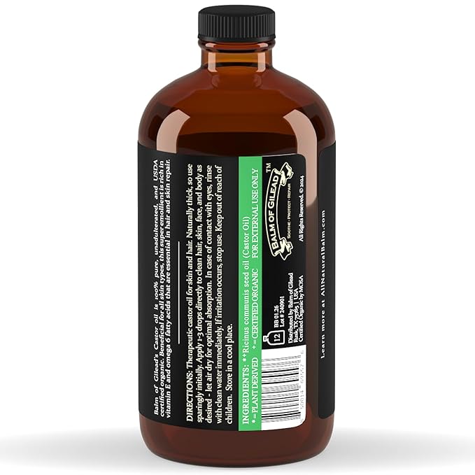 BALM OF GILEAD Organic Castor Oil for Skin Hydration - Therapeutic Cold Pressed, USDA Certified 100% Pure, Glass Bottle - 16 oz Unrefined, Hexane Free, Castor Oil for Hair & Eyelashes Growth