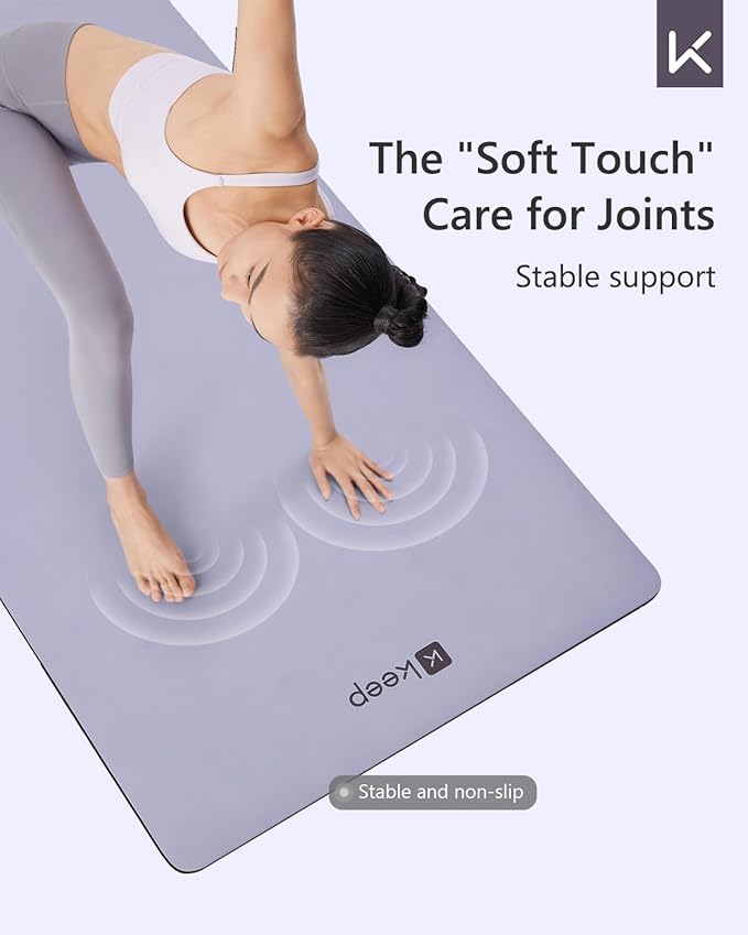 KEEP Rubber Yoga Mat - Professional Sweat Absorbent PU & Natural Rubber. Non Slip Workout Mats for Women & Men, 5mm Thick, 74"x26" Extra Long Wide Pad for Hot Yoga, Pilates, HIIT, Home Gym - Strap Included